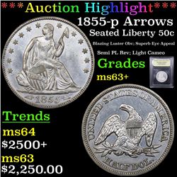 ***Auction Highlight*** 1855-p Arrows Seated Half Dollar 50c Graded Select+ Unc By USCG (fc)