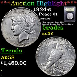 ***Auction Highlight*** 1934-s Peace Dollar $1 Graded Choice AU/BU Slider By USCG (fc)