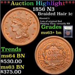 ***Auction Highlight*** 1856 N3 Braided Hair Large Cent 1c Graded Select+ Unc BN By USCG (fc)