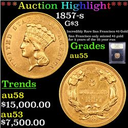 ***Auction Highlight*** 1857-s Three Dollar Gold 3 Graded Choice AU By USCG (fc)