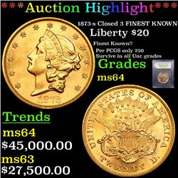 *Highlight Of Entire Auction* 1873-s Closed 3 FINEST KNOWN Gold Liberty $20 Choice Unc By USCG fc