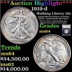 ***Auction Highlight*** 1919-d Walking Liberty Half Dollar 50c Graded Choice Unc By USCG (fc)