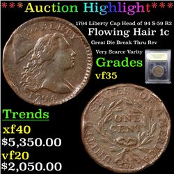 ***Auction Highlight*** 1794 Liberty Cap Head of 94 S-59 R3 Flowing Hair large cent 1c Graded vf++ B