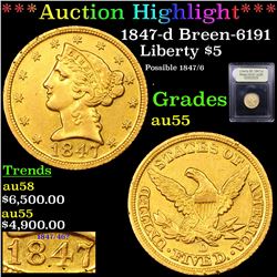 ***Auction Highlight*** 1847-d Breen-6191 Gold Liberty Half Eagle $5 Graded Choice AU By USCG (fc)