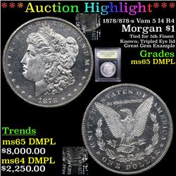 ***Auction Highlight*** 1878/878-s Vam 5 I4 R4 Morgan Dollar $1 Graded GEM Unc DMPL By USCG (fc)