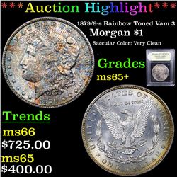 ***Auction Highlight*** 1879/9-s Rainbow Toned Vam 3 Morgan Dollar $1 Graded GEM+ Unc By USCG (fc)