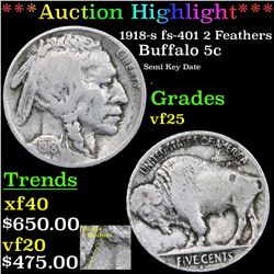 ***Auction Highlight*** 1918-s fs-401 2 Feathers Buffalo Nickel 5c Grades vf+ (fc)