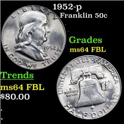 1952-p Franklin Half Dollar 50c Grades Choice Unc FBL