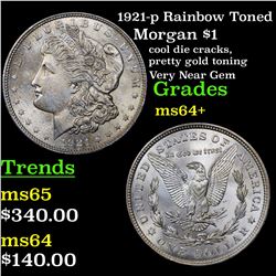 1921-p Rainbow Toned Morgan Dollar $1 Grades Choice+ Unc