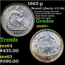 1862-p Seated Liberty Half Dime 1/2 10c Grades Select+ Unc