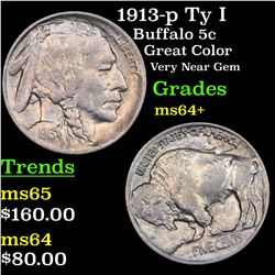 1913-p Ty I Buffalo Nickel 5c Grades Choice+ Unc