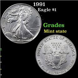 1991 Silver Eagle Dollar $1 Grades Mint State