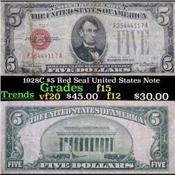 1928C $5 Red Seal United States Note Grades f+