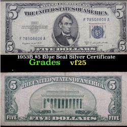 1953B $5 Blue Seal Silver Certificate Grades vf+