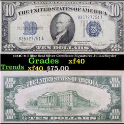 1934C $10 Blue Seal Silver Certificate Signatures Julian/Snyder Grades xf