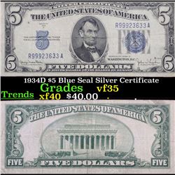 1934D $5 Blue Seal Silver Certificate Grades vf++