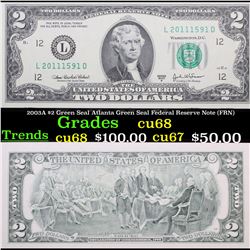 2003A $2 Green Seal Atlanta Green Seal Federal Reserve Note (FRN) Grades Gem++ CU