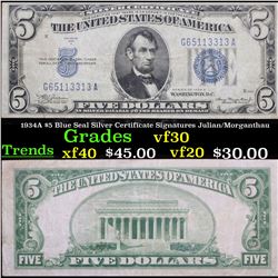 1934A $5 Blue Seal Silver Certificate Signatures Julian/Morganthau Grades vf++