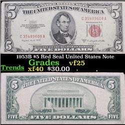 1953B $5 Red Seal United States Note Grades vf+