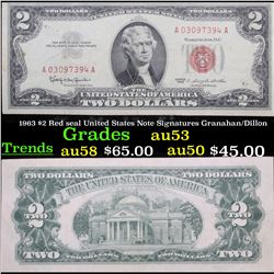 1963 $2 Red seal United States Note Signatures Granahan/Dillon Grades Select AU
