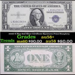 1935E $1 Blue Seal Silver Certificate Signatures Priest/Humphrey Grades Choice AU/BU Slider+
