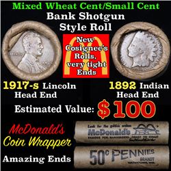 Mixed small cents 1c orig shotgun roll, 1917-s Wheat Cent, 1892 Indian Cent other end, McDnalds Wrap