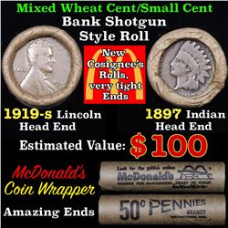 Mixed small cents 1c orig shotgun roll, 1919-s Wheat Cent, 1897 Indian Cent other end, McDnalds Wrap