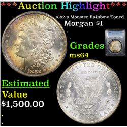 ***Auction Highlight*** PCGS 1882-p Monster Rainbow Toned Morgan Dollar $1 Graded ms64 By PCGS (fc)