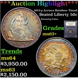 ***Auction Highlight*** 1873-p Arrows Rainbow Toned Seated Half Dollar 50c Graded Select+ Unc By USC
