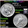 Image 1 : ***Auction Highlight*** 1921-p Peace Dollar $1 Graded Choice Unc By USCG (fc)