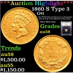 ***Auction Highlight*** 1860 S Type 3 Gold Dollar $1 Graded Choice AU/BU Slider By USCG (fc)