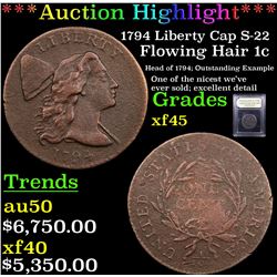 ***Auction Highlight*** 1794 Liberty Cap S-22 Flowing Hair large cent 1c Graded xf+ By USCG (fc)