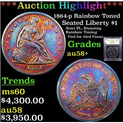 ***Auction Highlight*** 1864-p Rainbow Toned Seated Liberty Dollar $1 Graded Choice AU/BU Slider+ By