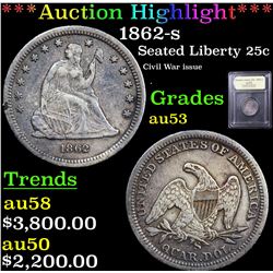 ***Auction Highlight*** 1862-s Seated Liberty Quarter 25c Graded Select AU By USCG (fc)