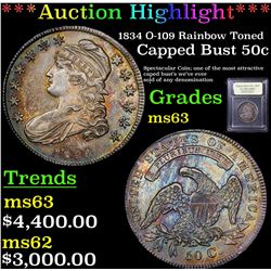 ***Auction Highlight*** 1834 O-109 Rainbow Toned Capped Bust Half Dollar 50c Graded Select Unc By US