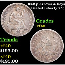 1853-p Arrows & Rays Seated Liberty Quarter 25c Grades xf