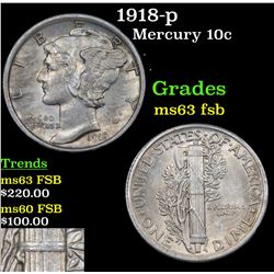 1918-p Mercury Dime 10c Grades Select Unc FSB