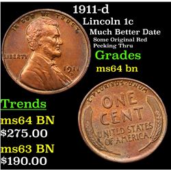 1911-d Lincoln Cent 1c Grades Choice Unc BN