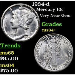 1934-d Mercury Dime 10c Grades Choice+ Unc