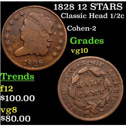 1828 12 STARS Classic Head half cent 1/2c Grades vg+