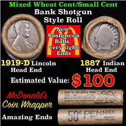Mixed small cents 1c orig shotgun roll, 1919-d Wheat Cent, 1887 Indian Cent other end, McDonalds Wra