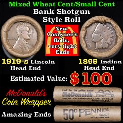 Mixed small cents 1c orig shotgun roll, 1919-s Wheat Cent, 1895 Indian Cent other end, McDnalds Wrap