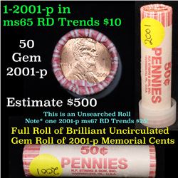 Full 1c orig shotgun roll, 2001-p Lincoln Cent Roll N.F. String & Son Wrapper Grades