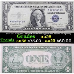 1935E $1 Blue Seal Silver Certificate Signatures Priest/Humphrey Grades Choice AU/BU Slider
