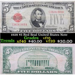 1928 $5 Red Seal United States Note Grades vf++