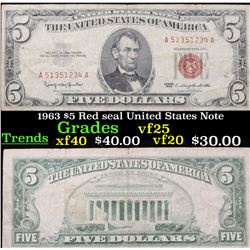 1963 $5 Red seal United States Note Grades vf+