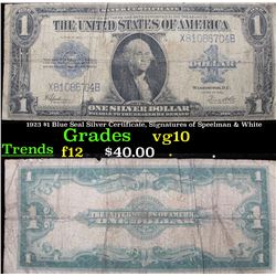 1923 $1 Blue Seal Silver Certificate, Signatures of Speelman & White Grades vg+