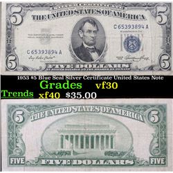 1953 $5 Blue Seal Silver Certificate United States Note Grades vf++