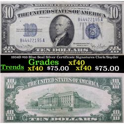 1934D $10 Blue Seal Silver Certificate Signatures Clark/Snyder Grades xf