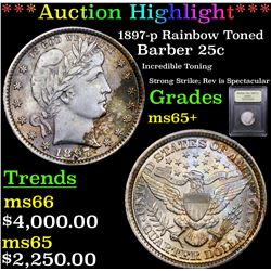 ***Auction Highlight*** 1897-p Rainbow Toned Barber Quarter 25c Graded GEM+ Unc By USCG (fc)